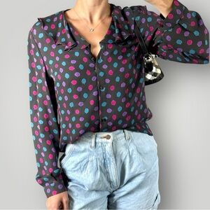 Grace Stretch 80s Polka Dot Blouse Retro Ruffled Collar Chic Multicolor Sheer